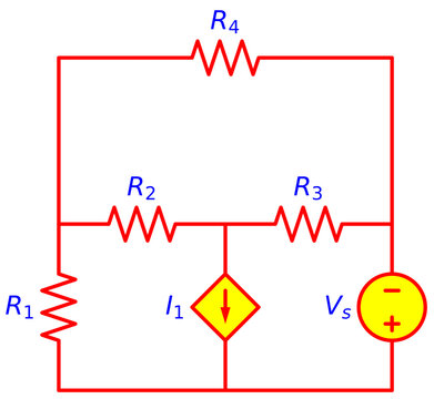 Editable Electrical Circuit with Controlled Current Source, Resistor Network R1 R2 R3 R4 and Dependent Source I1 with Voltage Source Vs, Engineering Schematic Diagram