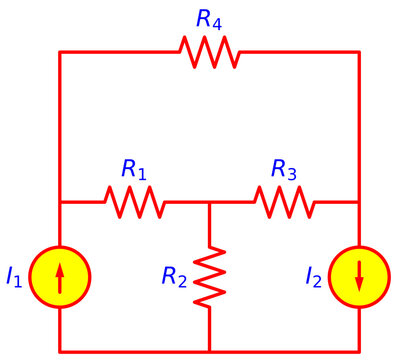 Editable Dual Current Source Circuit Diagram, Resistor Network R1 R2 R3 R4 with Opposing Current Sources I1 and I2, Electrical Engineering Schematic Illustration