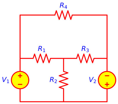 Editable Dual Voltage Source Circuit Diagram, Resistor Network R1 R2 R3 R4 with Opposite Polarity Sources V1 and V2, Electrical Engineering Schematic Illustration
