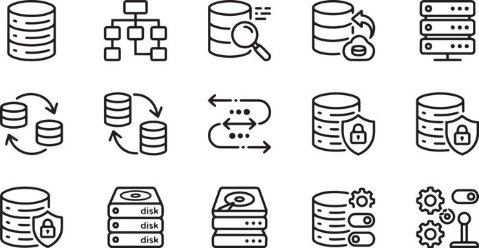 Database management and security icons set including server shield data storage and sync symbols in line style