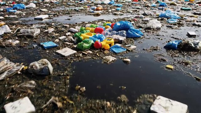 Plastic waste and garbage floating in polluted dark water, environmental disaster and global problem