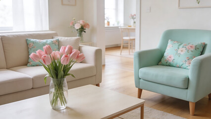 Naklejka premium Cozy living room with pastel decor and bouquet of pink tulips 