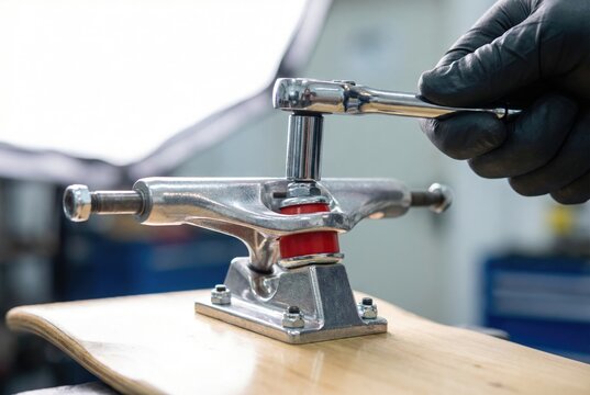 Gloved hand using a socket wrench to tighten the kingpin nut on a skateboard truck