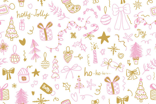 Seamless Christmas Pattern with Cute Hand Drawn Doodles in Pink and Gold Pastel Colors for Wrapping Paper, Greeting Cards, Textile and Holiday Design