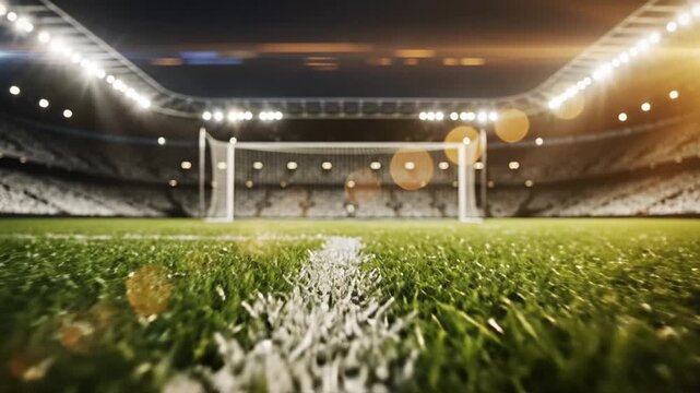 Rugby players compete under lights on stadium field at night