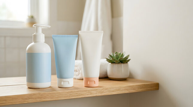 A set of skincare bottles and tubes stands on a bathroom shelf, showing gentle product packaging for children and tweens