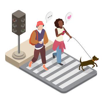3D Isometric Flat Vector Illustration of Crosswalk and Traffic Lights, City Street Pedestrians Featuring People Walking. Item 2