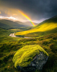 Dramatic landscape featuring a vibrant rainbow over a lush green valley, illuminated by golden sunlight, with a moss-covered rock in the foreground and winding river below