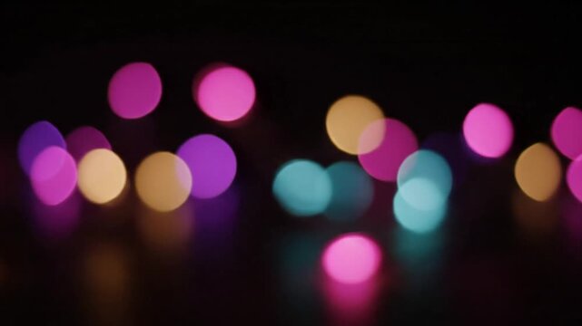Cinematic abstract bokeh light animation featuring luminous blurred light spheres drifting gently across a deep black background vibrant neon pink purple teal and gold tones overlapping softly creatin