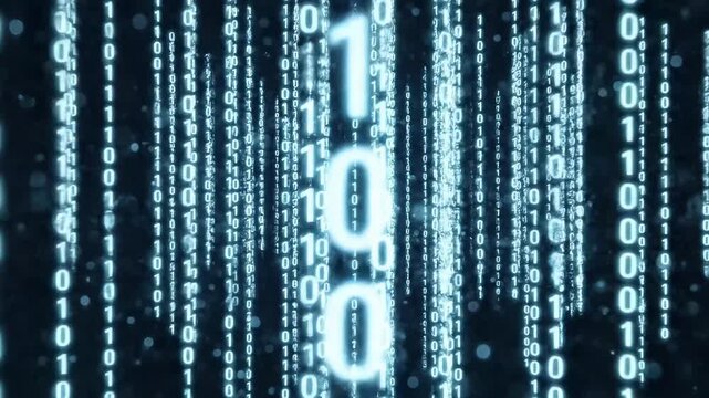 Abstract digital data stream with glowing binary code numbers falling on a dark background, representing technology and cybersecurity