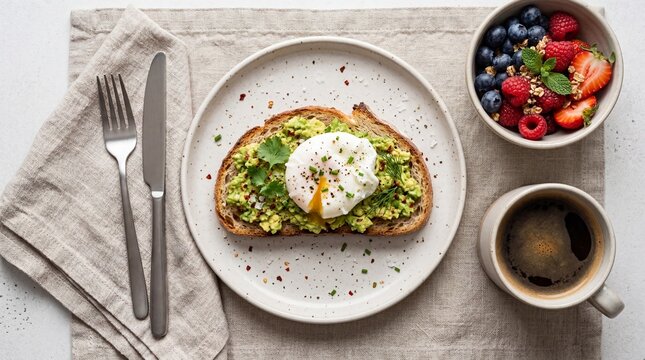 healthy breakfast options, avocado toast with poached egg and herbs sits on a napkin next to berries, granola, and black coffee
