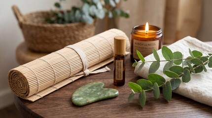 mindfulness and serenity setting, tranquil scene with a bamboo mat, serenity blend bottle, and mindfulness candle jade massage tool and green leaves add to the soothing ambiance © SuzeO