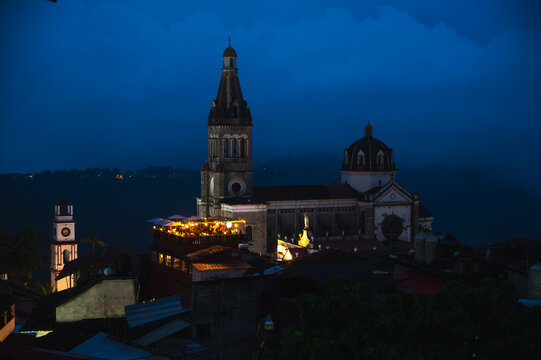Cuetzalan, Puebla. View of San Francisco de Asis church during blue hour