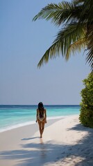 Obraz premium Female asian adult walking on narrow white sand beach beneath palm canopy with turquoise sea and clear sky