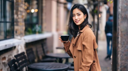 Obraz premium Asian female young adult coffee holding on outdoor cafe street wearing tan trench coat urban portrait warm light
