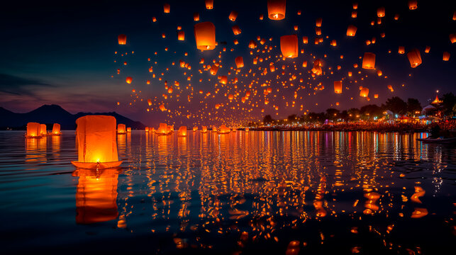 Farolillos de papel volando sobre el agua en festival nocturno, ambiente m&aacute;gico de linternas flotantes con reflejos y luces, celebraci&oacute;n tradicional, evento cultural de paz con miles de linternas
