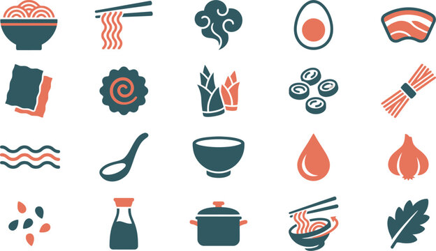 Collection of stylized two-color icons representing various essential ingredients for preparing delicious ramen noodles.