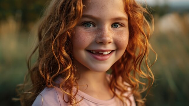 Smiling redhead caucasian female child with freckles and gaptooth outdoors in golden hour meadow portrait