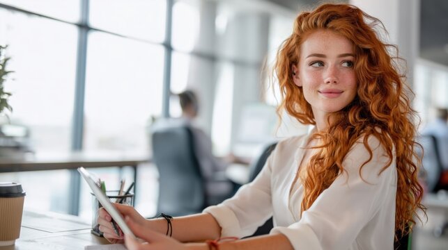 Caucasian female young adult redhead smiling while working in modern office holding tablet natural light candid business casual