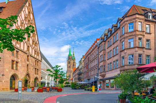 Old town Nuremberg city historical center, pedestrian King Street with old buildings, Mauthalle Former Customs House and St. Lorenz church towers, Middle Franconia region, Bavaria state, Germany