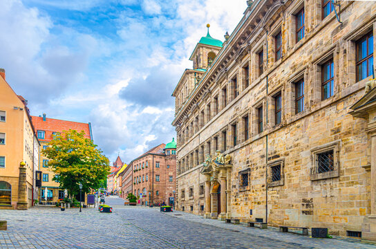 City Hall medieval building Rathaus on pedestrian Town Hall square Rathausplatz in Old town Nuremberg city historical center, Middle Franconia region, Bavaria state, Germany