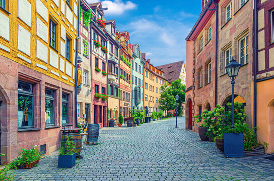 Old town Nuremberg city historical center, pedestrian street Tanner's Lane Wei&szlig;gerbergasse with old medieval buildings colorful half-timbered houses, Middle Franconia region, Bavaria state, Germany