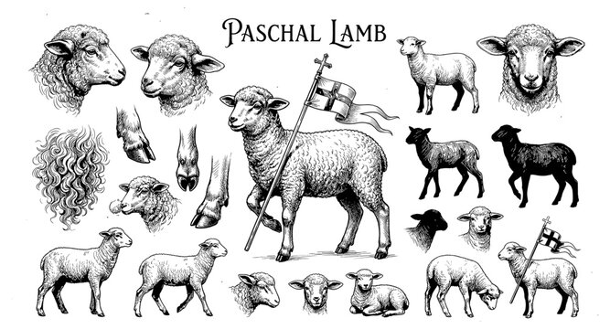 Collection of detailed vintage illustrations of sheep and lambs in various poses