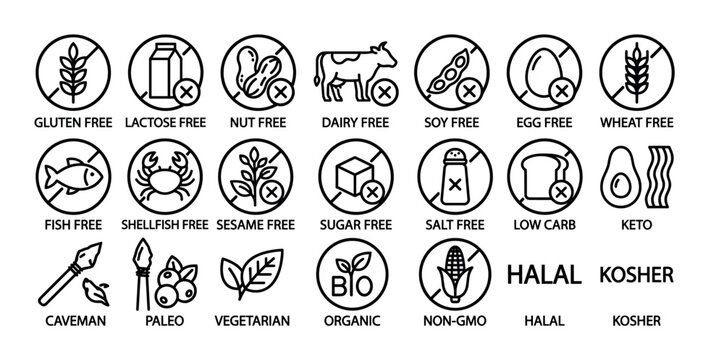 Comprehensive collection of black outline dietary restriction and allergy icons, clearly illustrating various food intolerances, lifestyle diets, and certified food standards