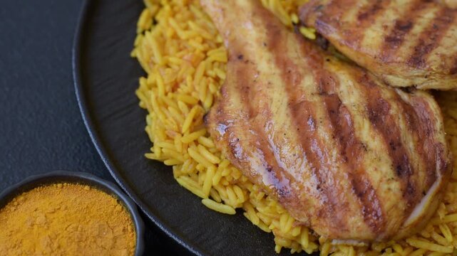 Kabsa or haneeth, an Arabic dish with rice and chicken, salt, and spices. Kabsa or haneeth as a food background for your design