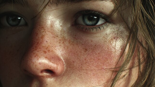 Close up of Facial Features Showcasing Skin Texture, Pores, Reflections, and Natural Imperfections in Balanced Light During Midday