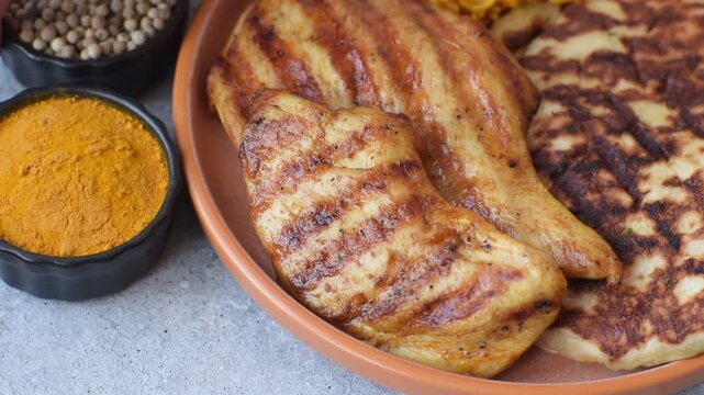 Dajaj Mashwi, an Arabic dish with rice and chicken, salt, and spices. Dajaj Mashwi as a food background for your design