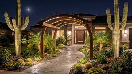 Obraz premium Luxury Desert Home Entrance with Saguaro Cacti and Illuminated Pergola at Night