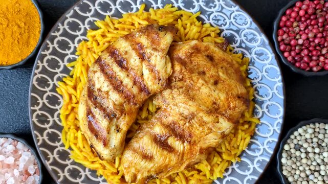 Kabsa or haneeth, an Arabic dish with rice and chicken, salt, and spices. Kabsa or haneeth as a food background for your design