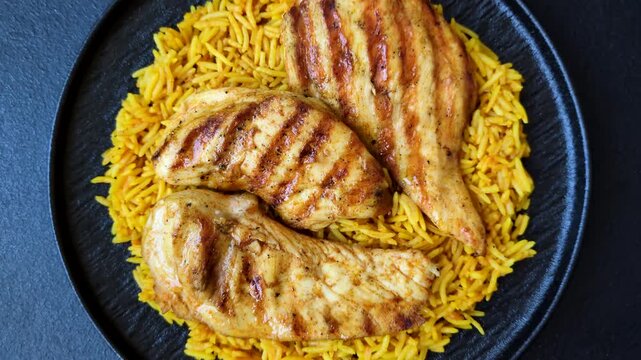 Kabsa or haneeth, an Arabic dish with rice and chicken, salt, and spices. Kabsa or haneeth as a food background for your design