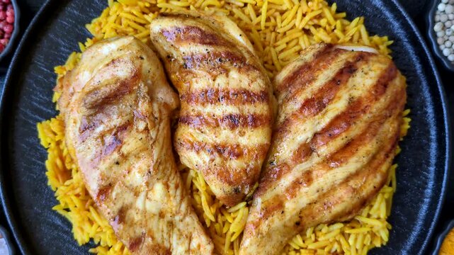 Kabsa or haneeth, an Arabic dish with rice and chicken, salt, and spices. Kabsa or haneeth as a food background for your design