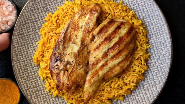 Kabsa or haneeth, an Arabic dish with rice and chicken, salt, and spices. Kabsa or haneeth as a food background for your design