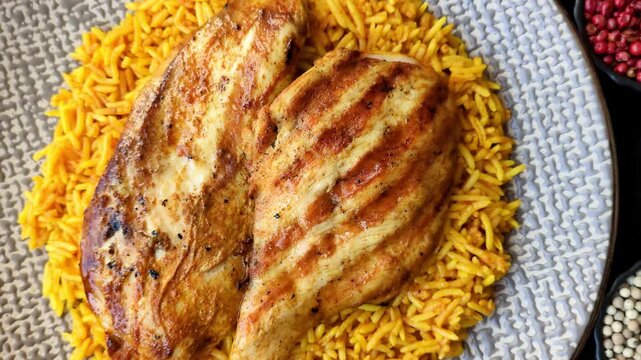 Kabsa or haneeth, an Arabic dish with rice and chicken, salt, and spices. Kabsa or haneeth as a food background for your design
