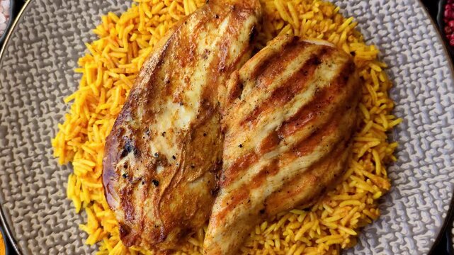 Kabsa or haneeth, an Arabic dish with rice and chicken, salt, and spices. Kabsa or haneeth as a food background for your design