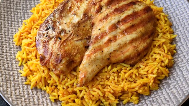 Kabsa or haneeth, an Arabic dish with rice and chicken, salt, and spices. Kabsa or haneeth as a food background for your design
