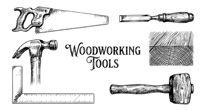 Vintage woodworking tools and wood grain illustration in black and white sketch style