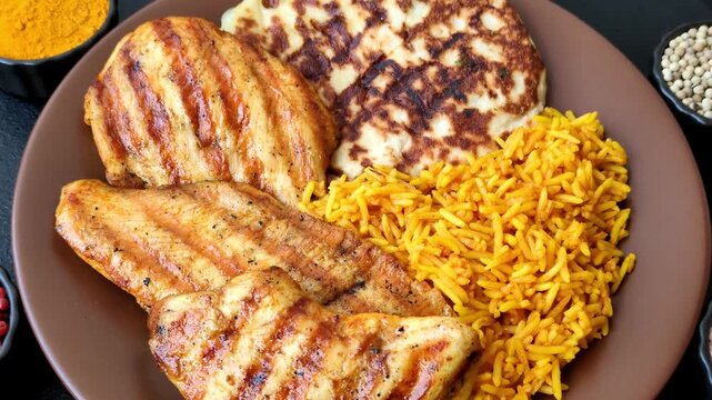 Dajaj Mashwi, an Arabic dish with rice and chicken, salt, and spices. Dajaj Mashwi as a food background for your design