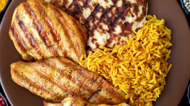 Dajaj Mashwi, an Arabic dish with rice and chicken, salt, and spices. Dajaj Mashwi as a food background for your design