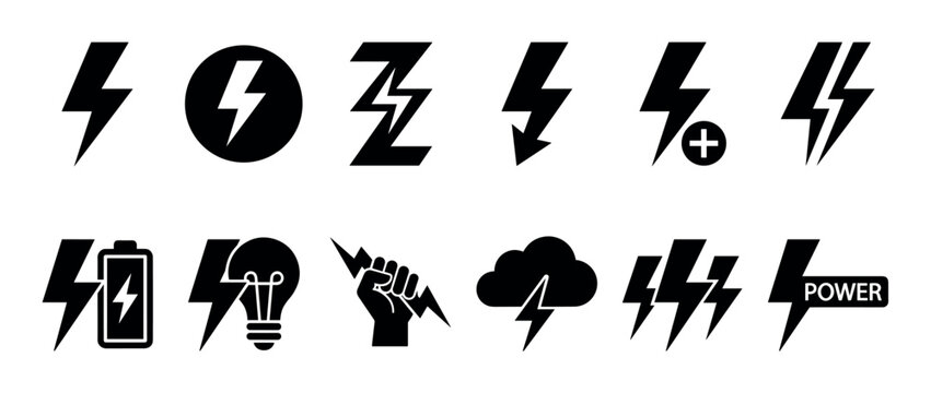 Set of black lightning bolt icons representing power, energy, electricity, and thunder in a minimalist flat vector graphic style for various design elements