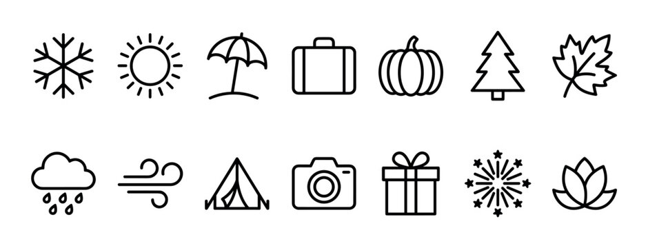 Collection of minimalist black outline icons depicting the four seasons, weather phenomena, travel essentials, and holiday symbols like a pine tree, pumpkin, and gift box