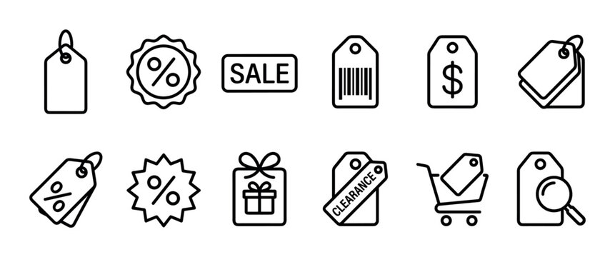 Collection of twelve black and white retail icons representing sales, discounts, price tags, barcodes, and clearance promotions in a simple and modern linear graphic style