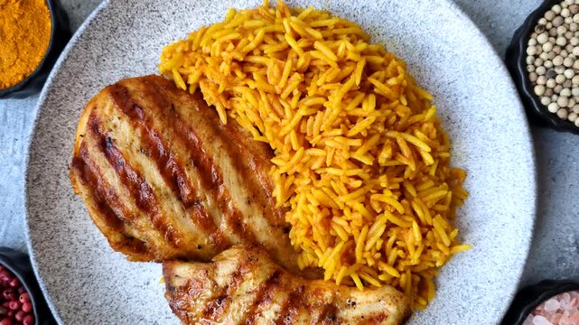 Kabsa or haneeth, an Arabic dish with rice and chicken, salt, and spices. Kabsa or haneeth as a food background for your design