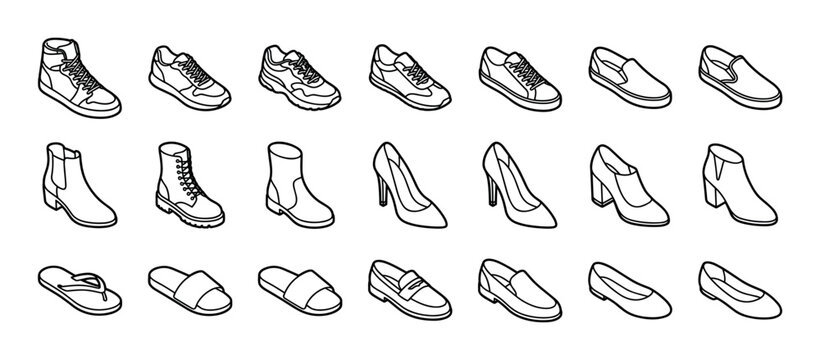 Diverse collection of outline isometric shoes and footwear, including sneakers, boots, heels, flats, and sandals, presented with a clean, minimalist line art style