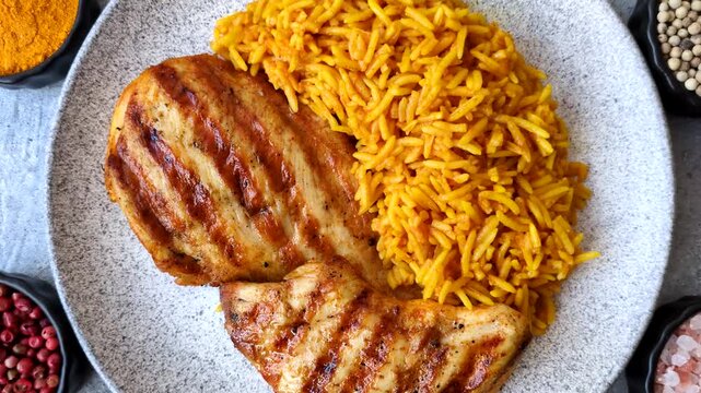 Kabsa or haneeth, an Arabic dish with rice and chicken, salt, and spices. Kabsa or haneeth as a food background for your design