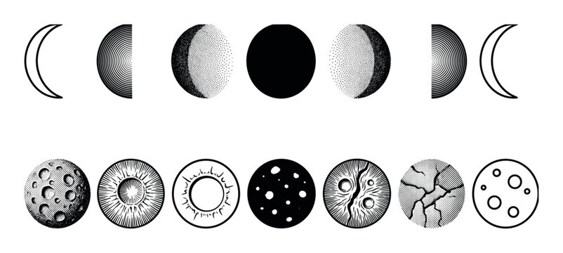 Two sets of black and white celestial icons showing moon phases and stylized planets in a minimalist graphic design with engraving, stippling, and line art textures