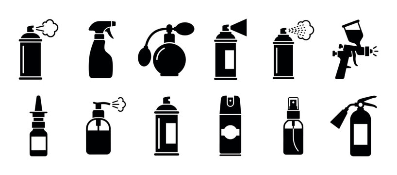 Set of black spray bottle icons including aerosol cans, pump dispensers, a perfume atomizer, and a fire extinguisher in a simple flat silhouette style collection